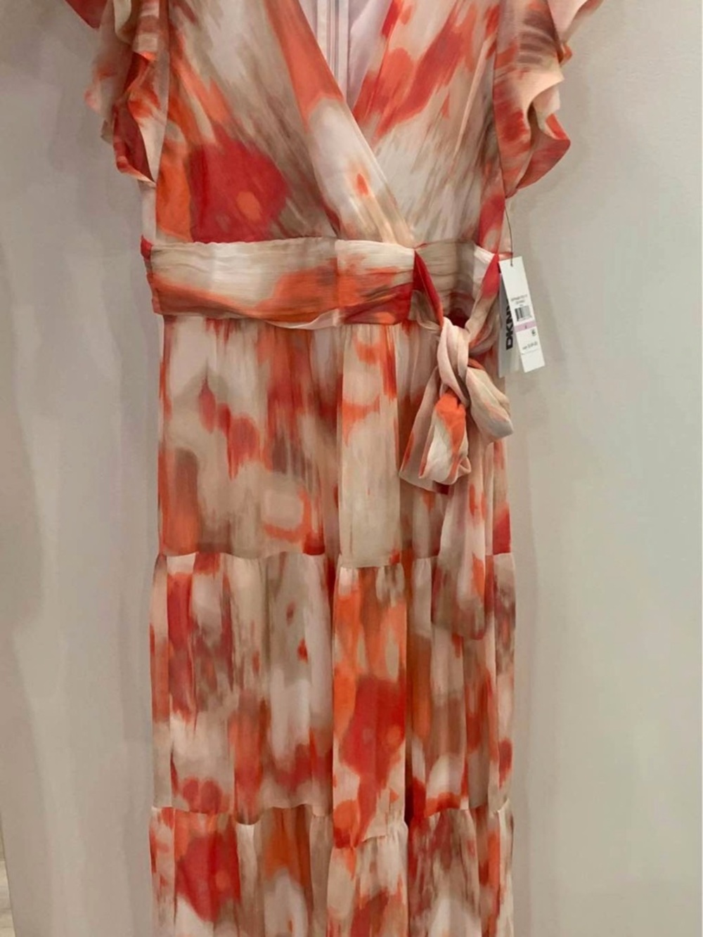 DKNY Orange & Cream Watercolor Wrap Maxi Dress